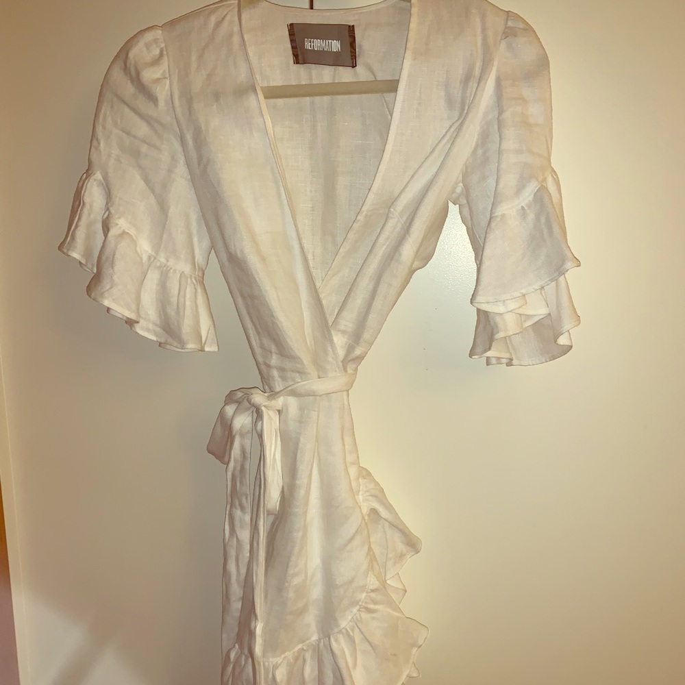 Reformation White Linen Ruffle Wrap Mini Dress